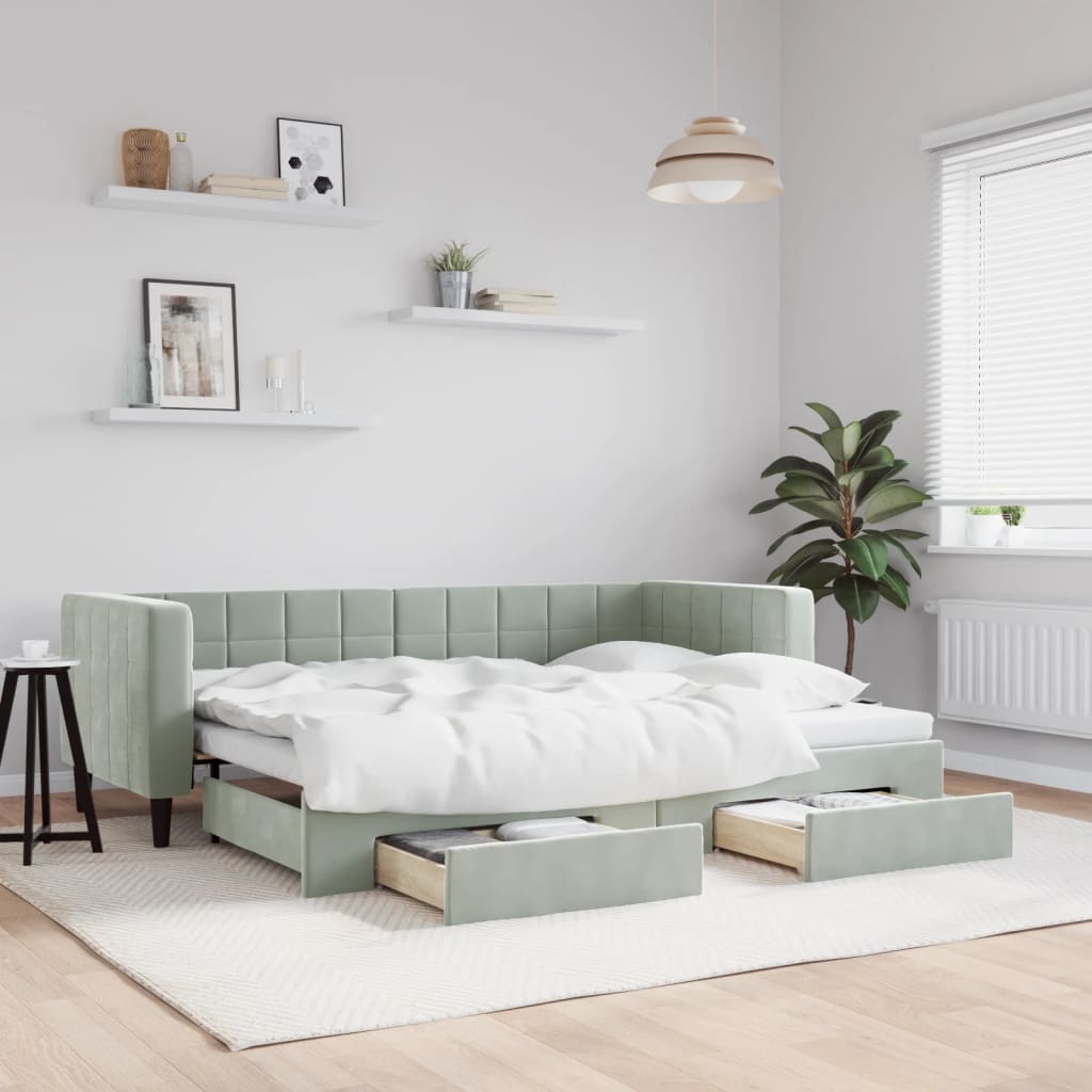 vidaXL Sofa rozsuwana z szufladami, jasnoszara, 80x200 cm, aksamit
