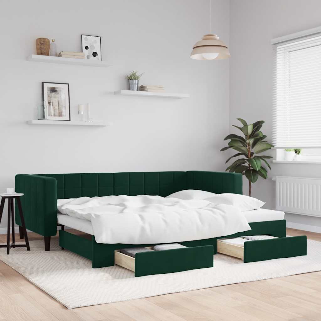 vidaXL Sofa rozsuwana z szufladami, ciemnozielona, 80x200 cm, aksamit