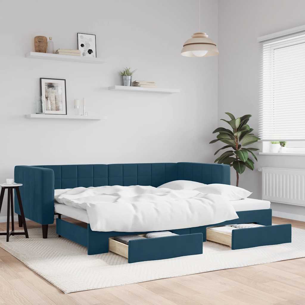 vidaXL Sofa rozsuwana z szufladami, niebieska, 90x200 cm, aksamit