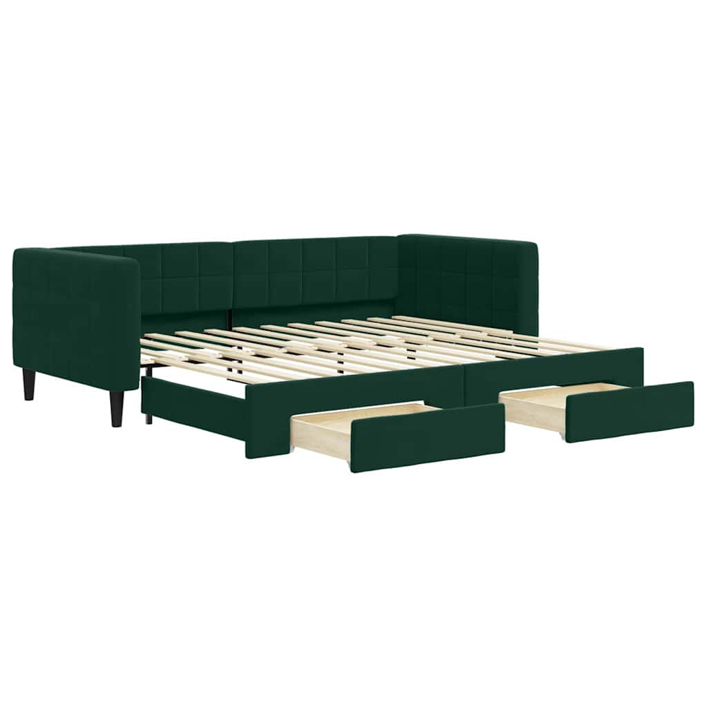 vidaXL Sofa rozsuwana z szufladami, ciemnozielona, 90x200 cm, aksamit
