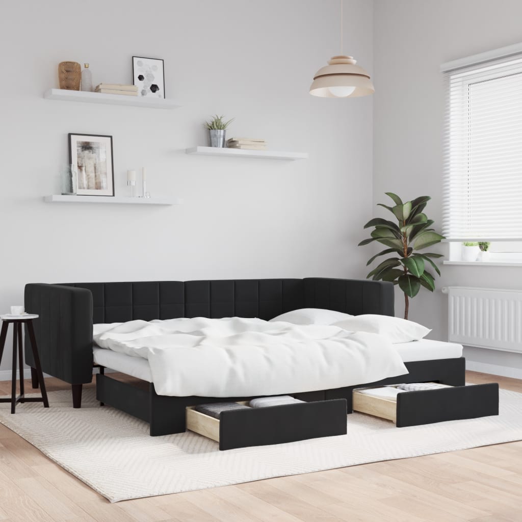 vidaXL Sofa rozsuwana z szufladami, czarna, 90x200 cm, aksamit