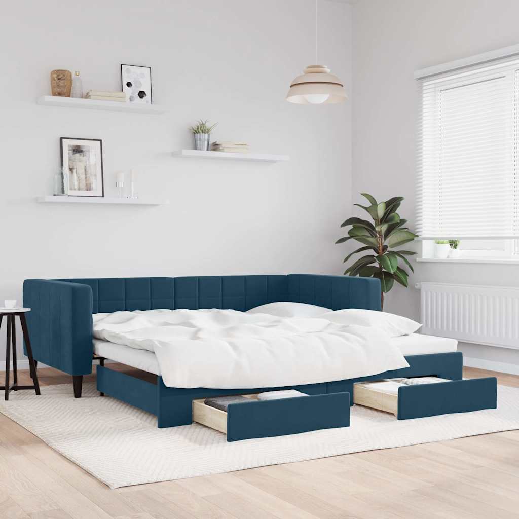 vidaXL Sofa rozsuwana z szufladami, niebieska, 100x200 cm, aksamit