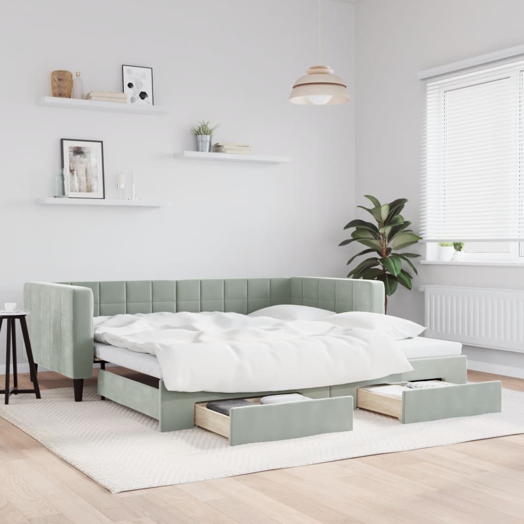 vidaXL Sofa rozsuwana z szufladami, jasnoszara, 100x200 cm, aksamit