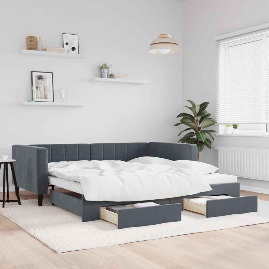 vidaXL Sofa rozsuwana z szufladami, ciemnoszara, 100x200 cm, aksamit