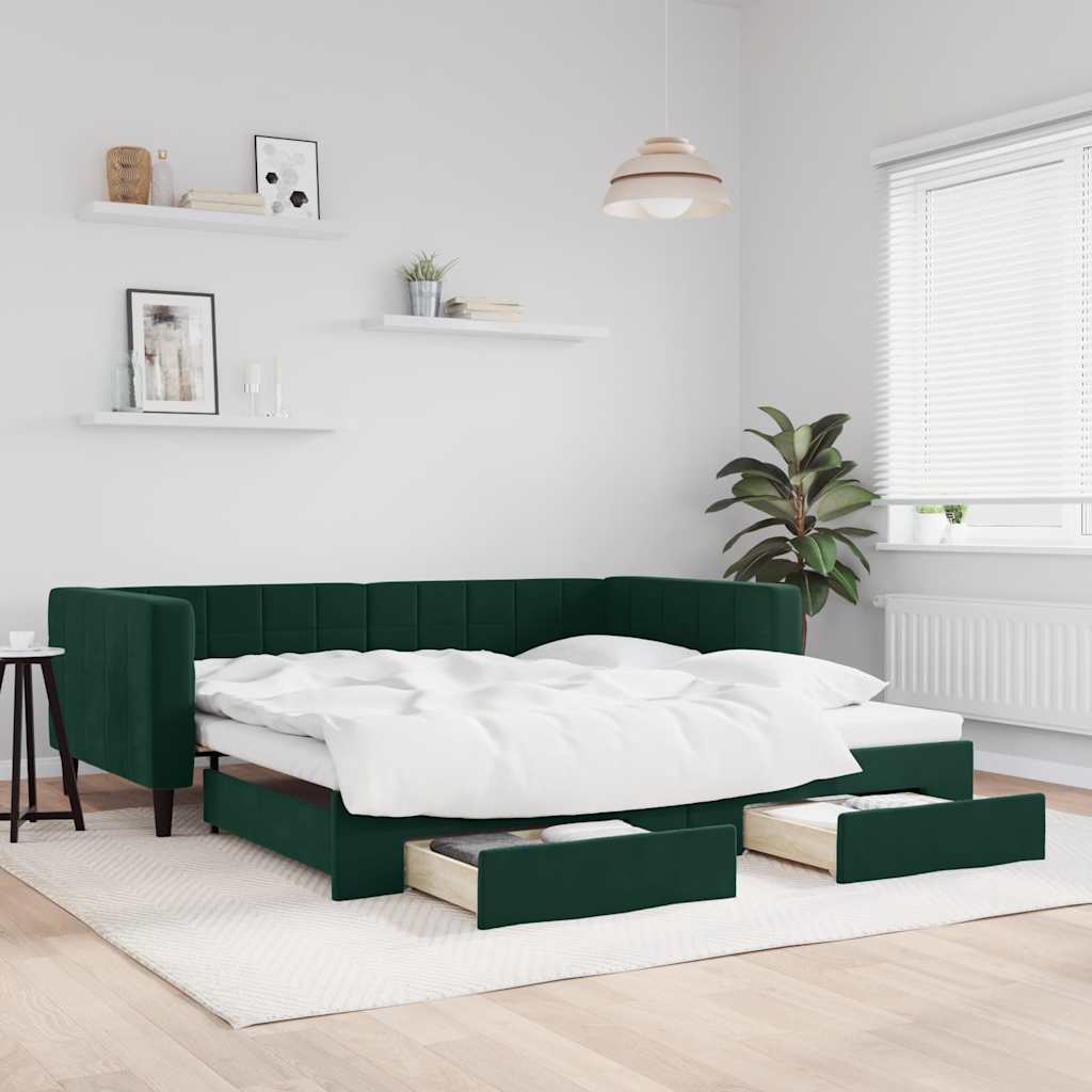 vidaXL Sofa rozsuwana z szufladami, ciemnozielona, 100x200 cm, aksamit