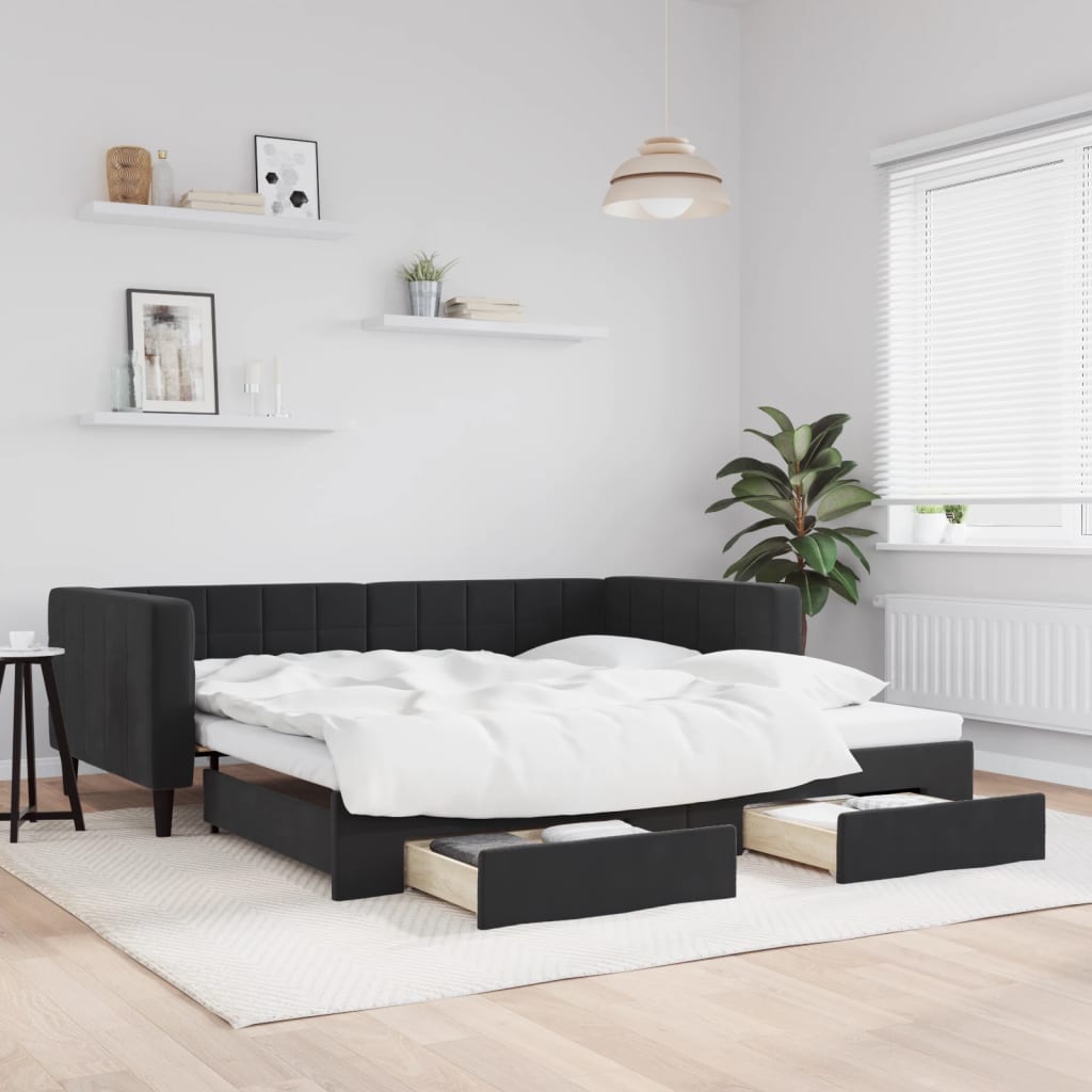 vidaXL Sofa rozsuwana z szufladami, czarna, 100x200 cm, aksamit