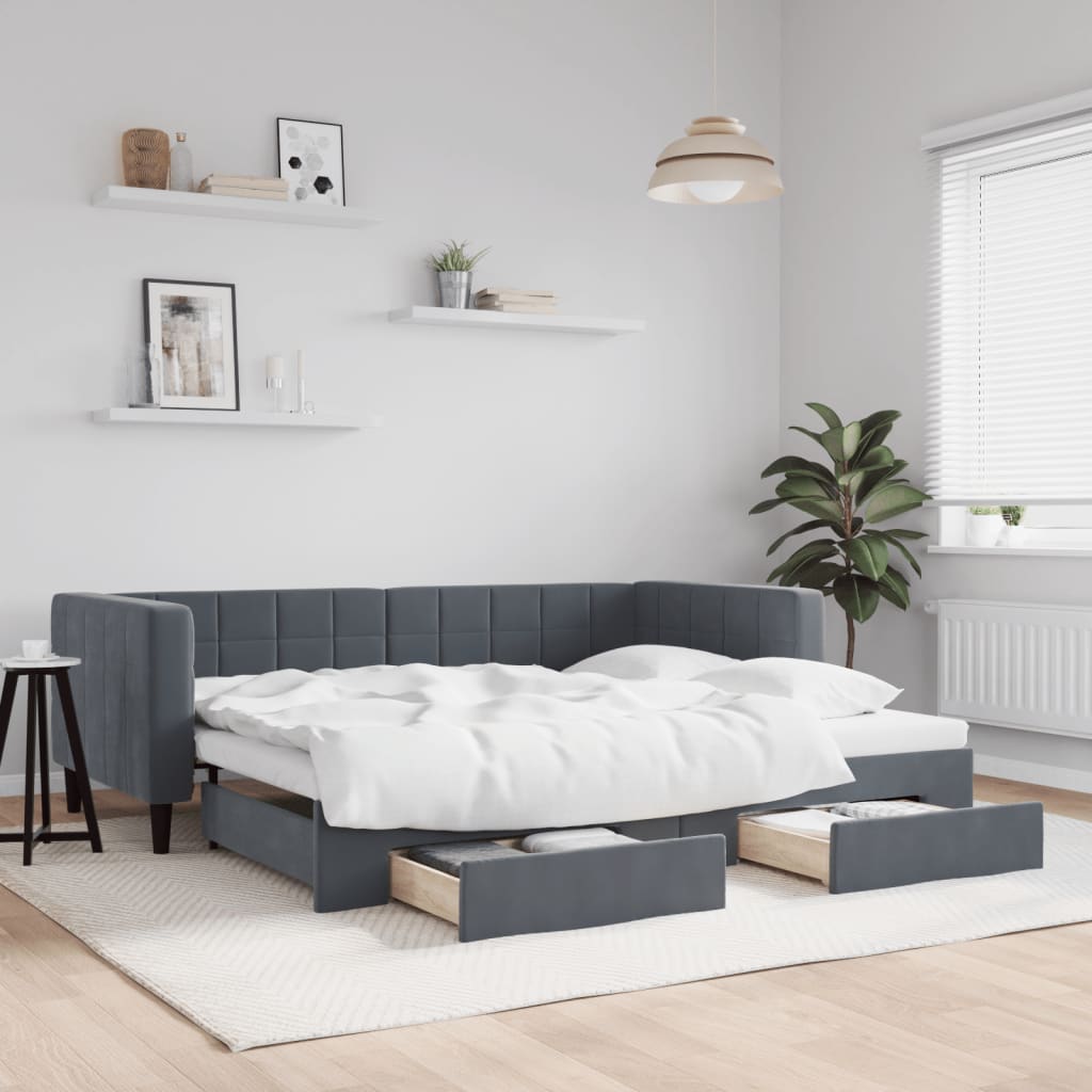 vidaXL Sofa rozsuwana z szufladami, ciemnoszara, 90x190 cm, aksamit
