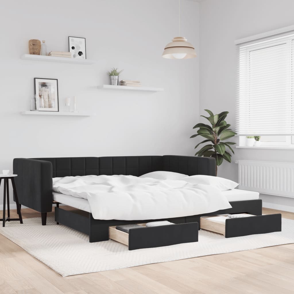 vidaXL Sofa rozsuwana z szufladami, czarna, 90x190 cm, aksamit