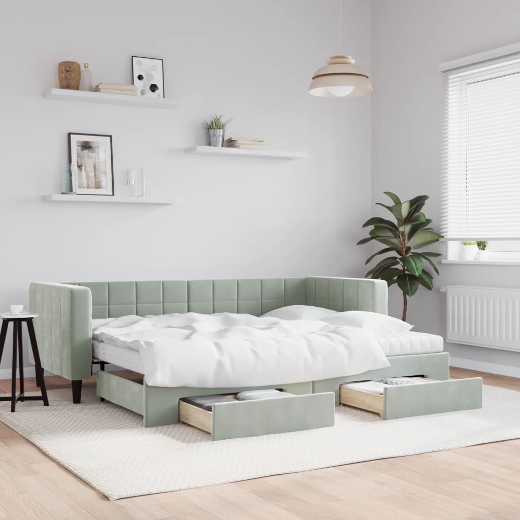 vidaXL Sofa rozsuwana z szufladami, jasnoszara, 80x200 cm, aksamit
