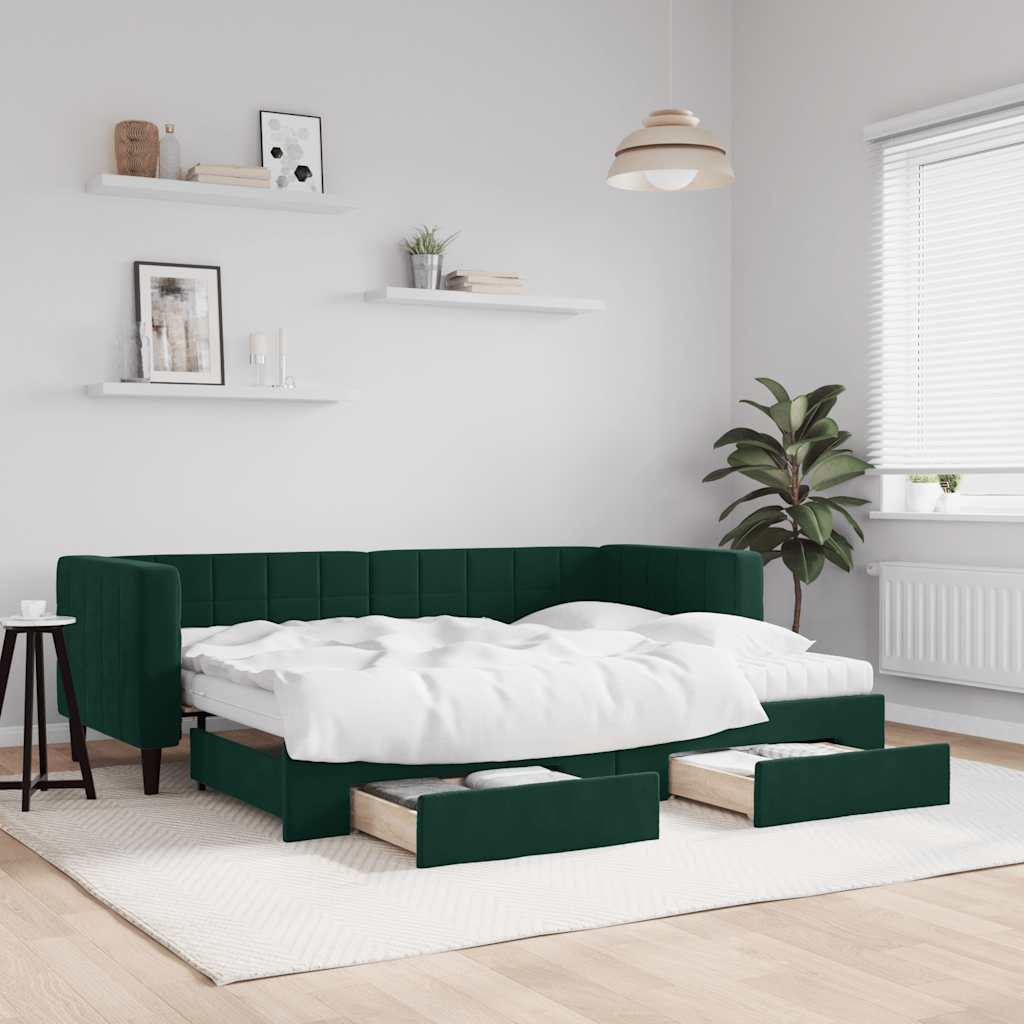 vidaXL Sofa rozsuwana z szufladami, ciemnozielona, 80x200 cm, aksamit
