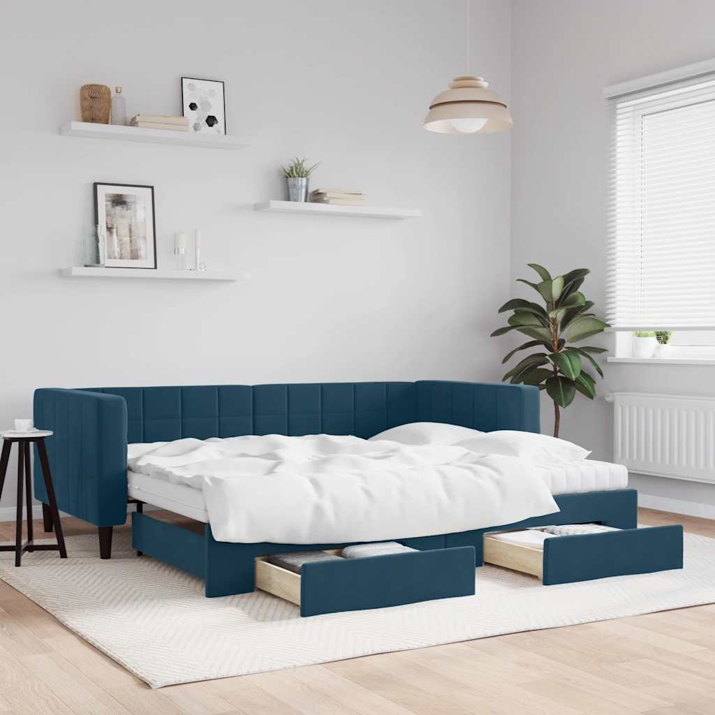 vidaXL Sofa rozsuwana z szufladami, niebieska, 90x200 cm, aksamit