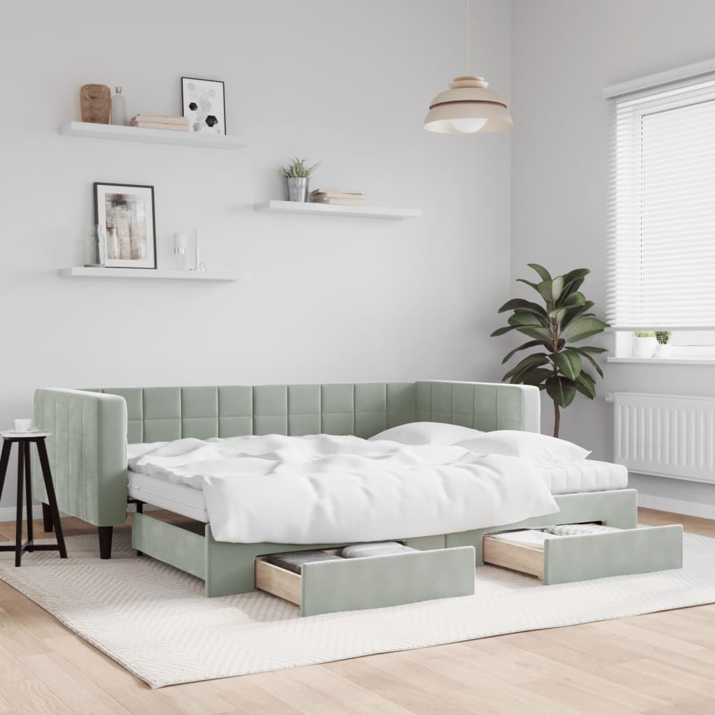 vidaXL Sofa rozsuwana z szufladami, jasnoszara, 90x200 cm, aksamit