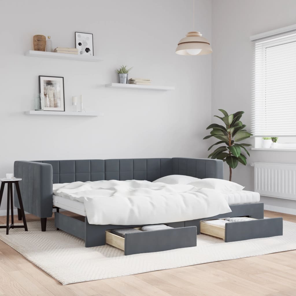vidaXL Sofa rozsuwana z szufladami, ciemnoszara, 90x200 cm, aksamit