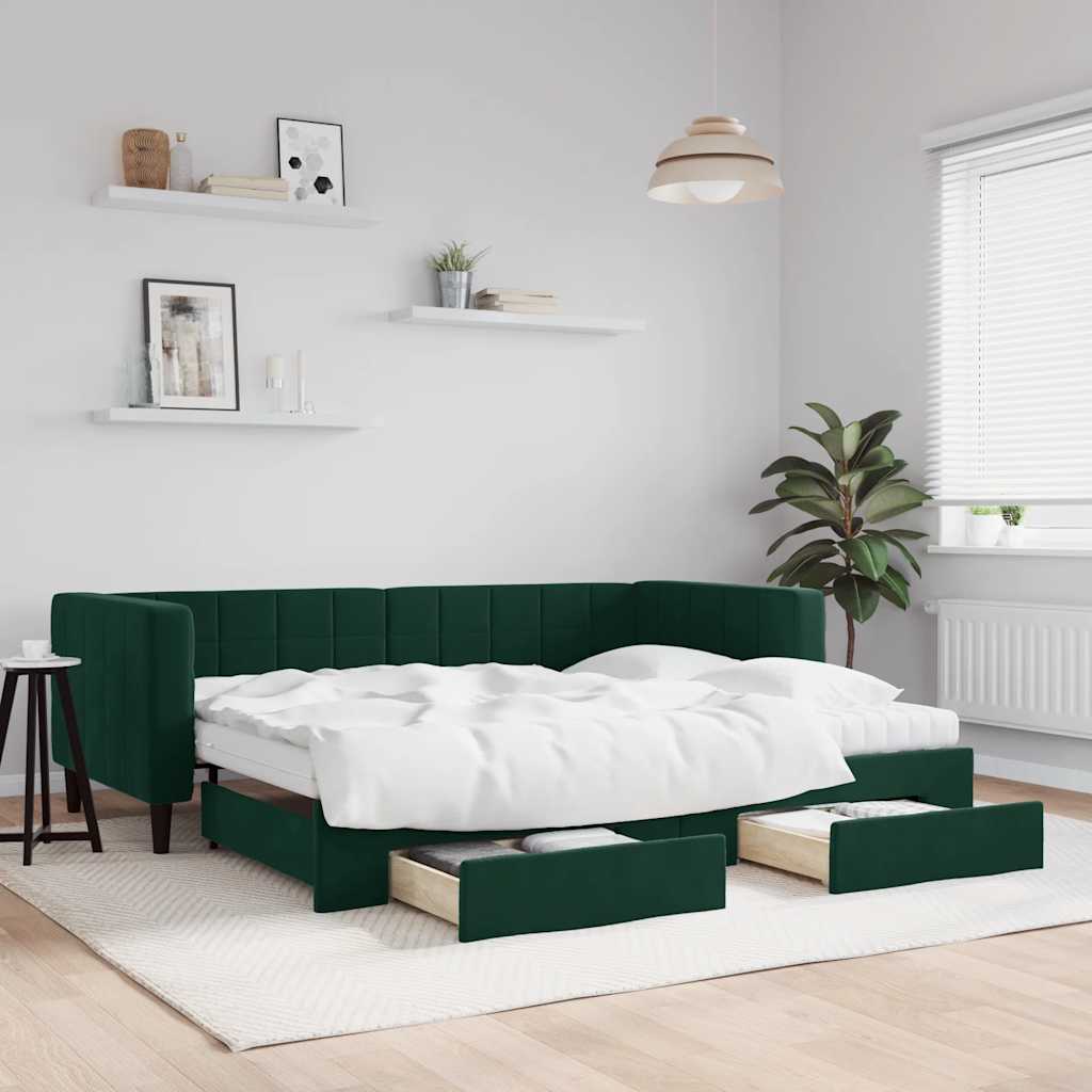 vidaXL Sofa rozsuwana z szufladami, ciemnozielona, 90x200 cm, aksamit