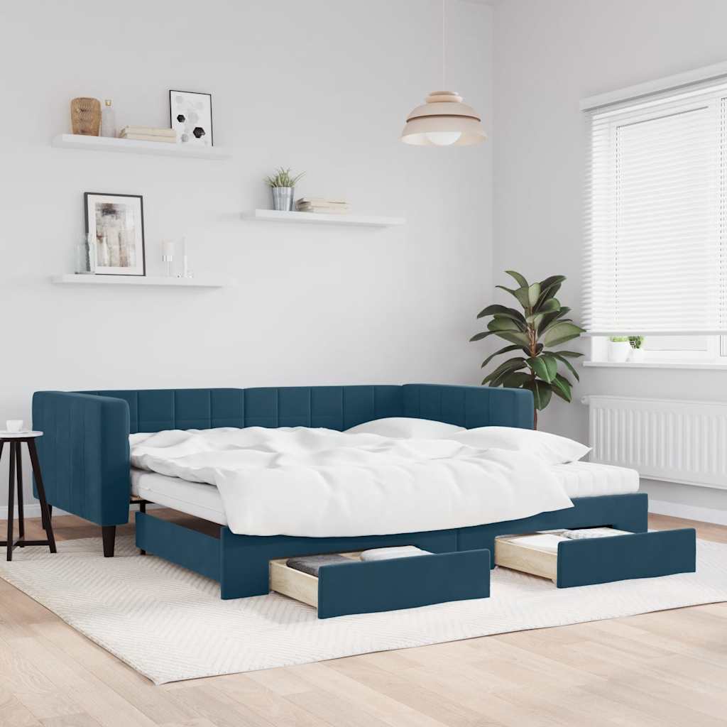 vidaXL Sofa rozsuwana z szufladami, niebieska, 100x200 cm, aksamit
