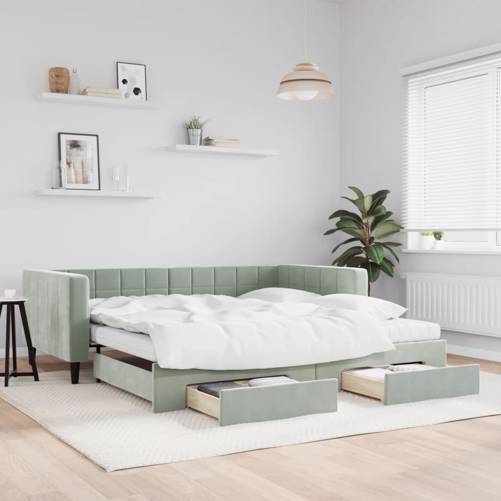 vidaXL Sofa rozsuwana z szufladami, jasnoszara, 100x200 cm, aksamit
