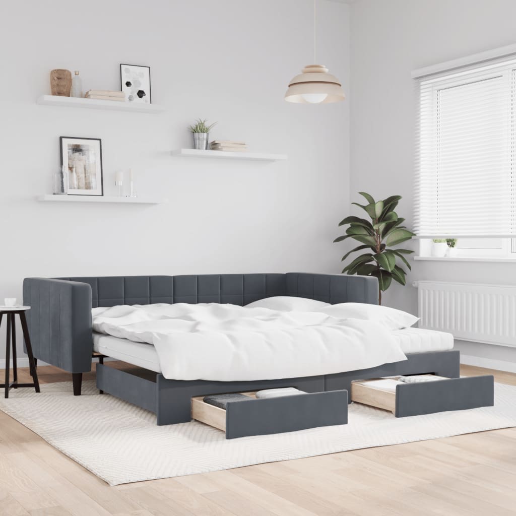 vidaXL Sofa rozsuwana z szufladami, ciemnoszara, 100x200 cm, aksamit