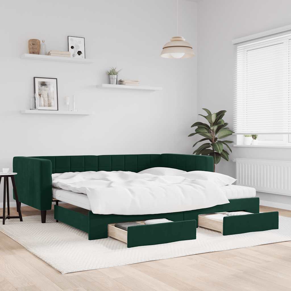vidaXL Sofa rozsuwana z szufladami, ciemnozielona, 100x200 cm, aksamit