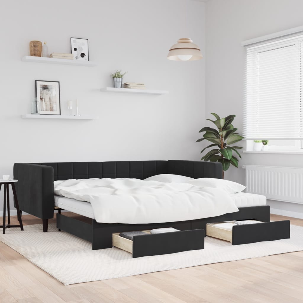 vidaXL Sofa rozsuwana z szufladami, czarna, 100x200 cm, aksamit