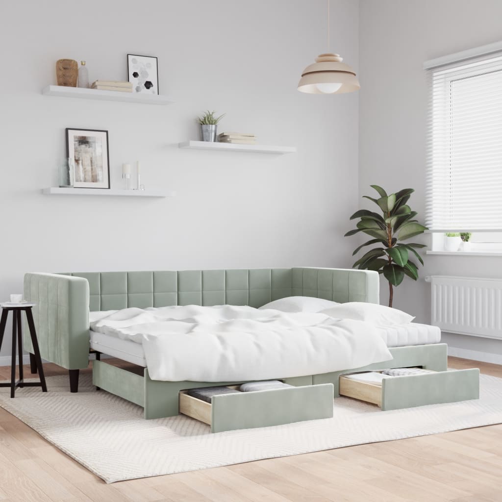 vidaXL Sofa rozsuwana z szufladami, jasnoszara, 90x190 cm, aksamit