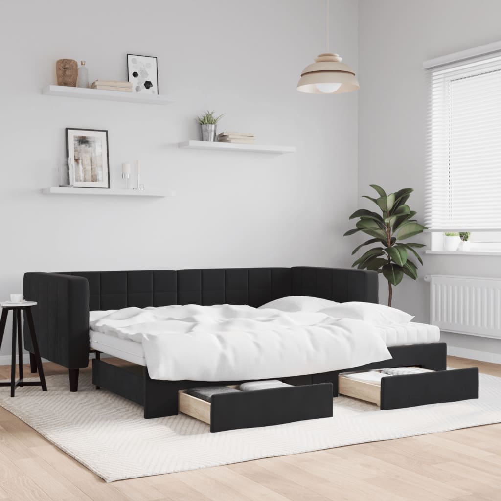 vidaXL Sofa rozsuwana z szufladami, czarna, 90x190 cm, aksamit