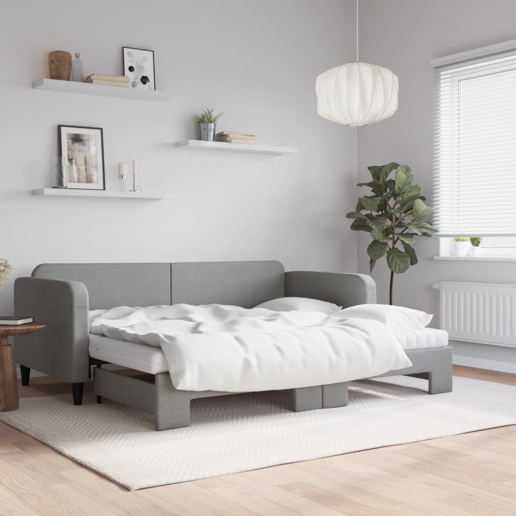 vidaXL Sofa rozsuwana z materacami, jasnoszara, 90x200 cm, tkanina