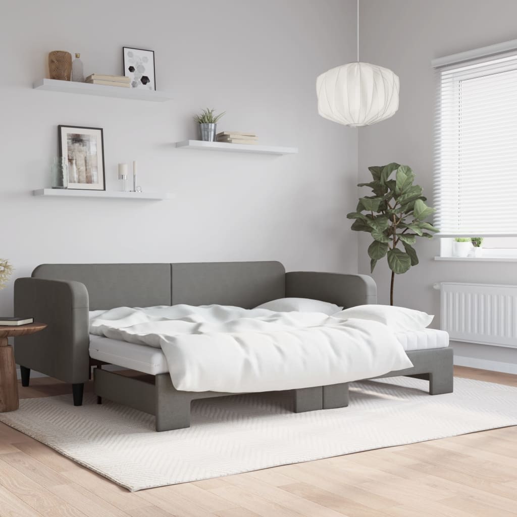 vidaXL Sofa rozsuwana z materacami, ciemnoszara, 90x200 cm, tkanina