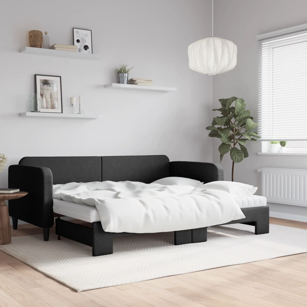 vidaXL Sofa rozsuwana z materacami, czarna, 90x200 cm, tkanina