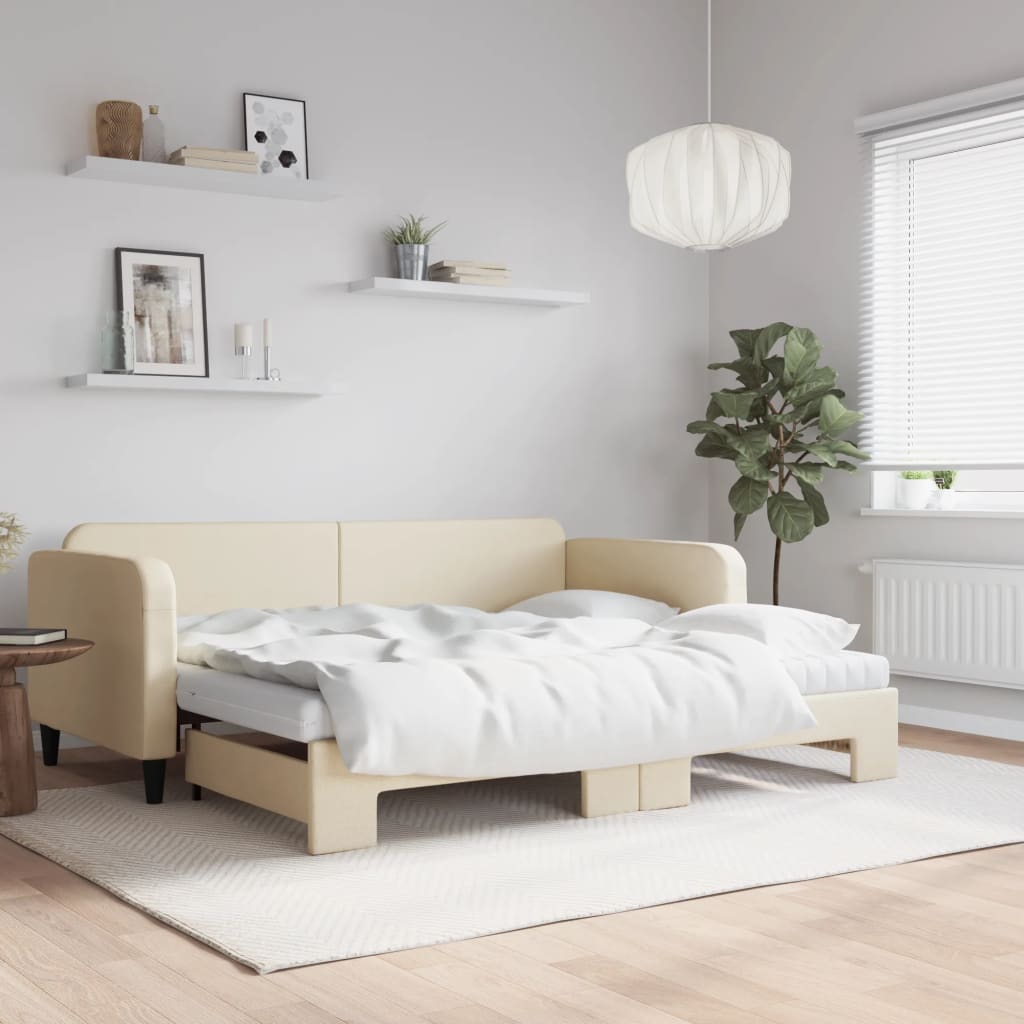 vidaXL Sofa rozsuwana z materacami, kremowa, 90x200 cm, tkanina