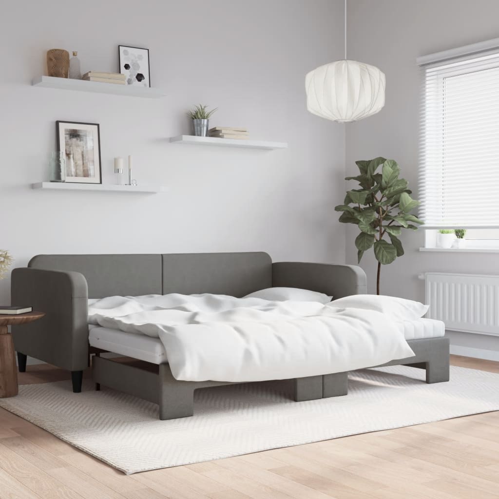 vidaXL Sofa rozsuwana z materacami, ciemnoszara, 100x200 cm, tkanina