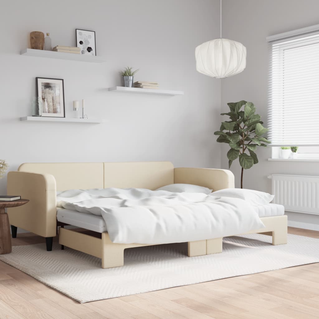 vidaXL Sofa rozsuwana z materacami, kremowa, 100x200 cm, tkanina