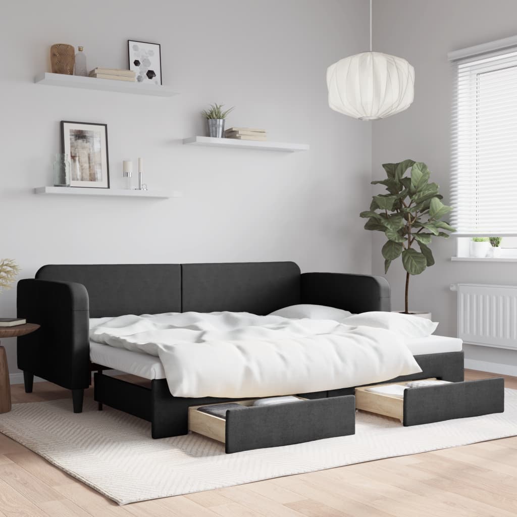 vidaXL Sofa rozsuwana z szufladami, czarna, 80x200 cm, tkanina