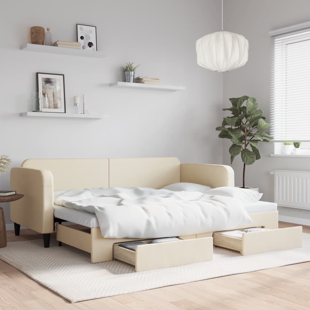 vidaXL Sofa rozsuwana z szufladami, kremowa, 80x200 cm, tkanina
