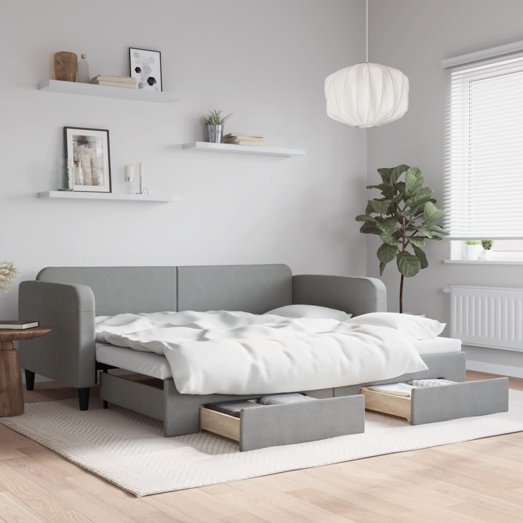 vidaXL Sofa rozsuwana z szufladami, jasnoszara, 90x200 cm, tkanina