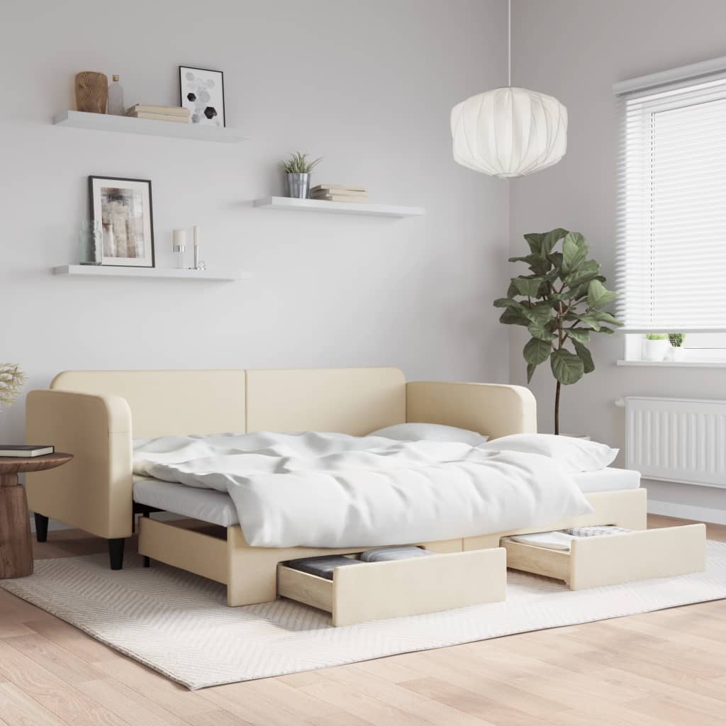 vidaXL Sofa rozsuwana z szufladami, kremowa, 90x200 cm, tkanina