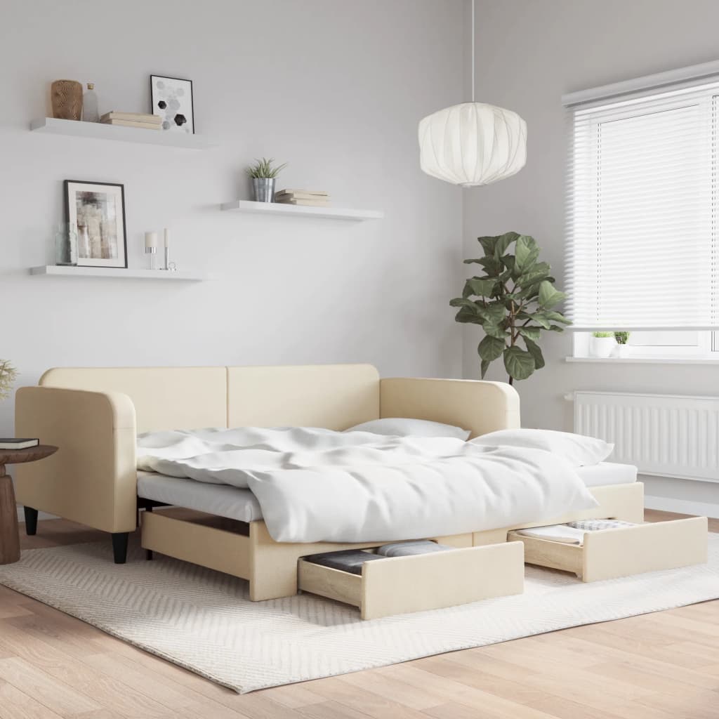 vidaXL Sofa rozsuwana z szufladami, kremowa, 100x200 cm, tkanina