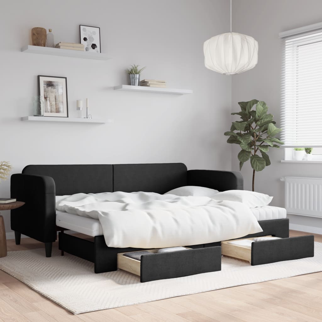 vidaXL Sofa rozsuwana z szufladami, czarna, 80x200 cm, tkanina