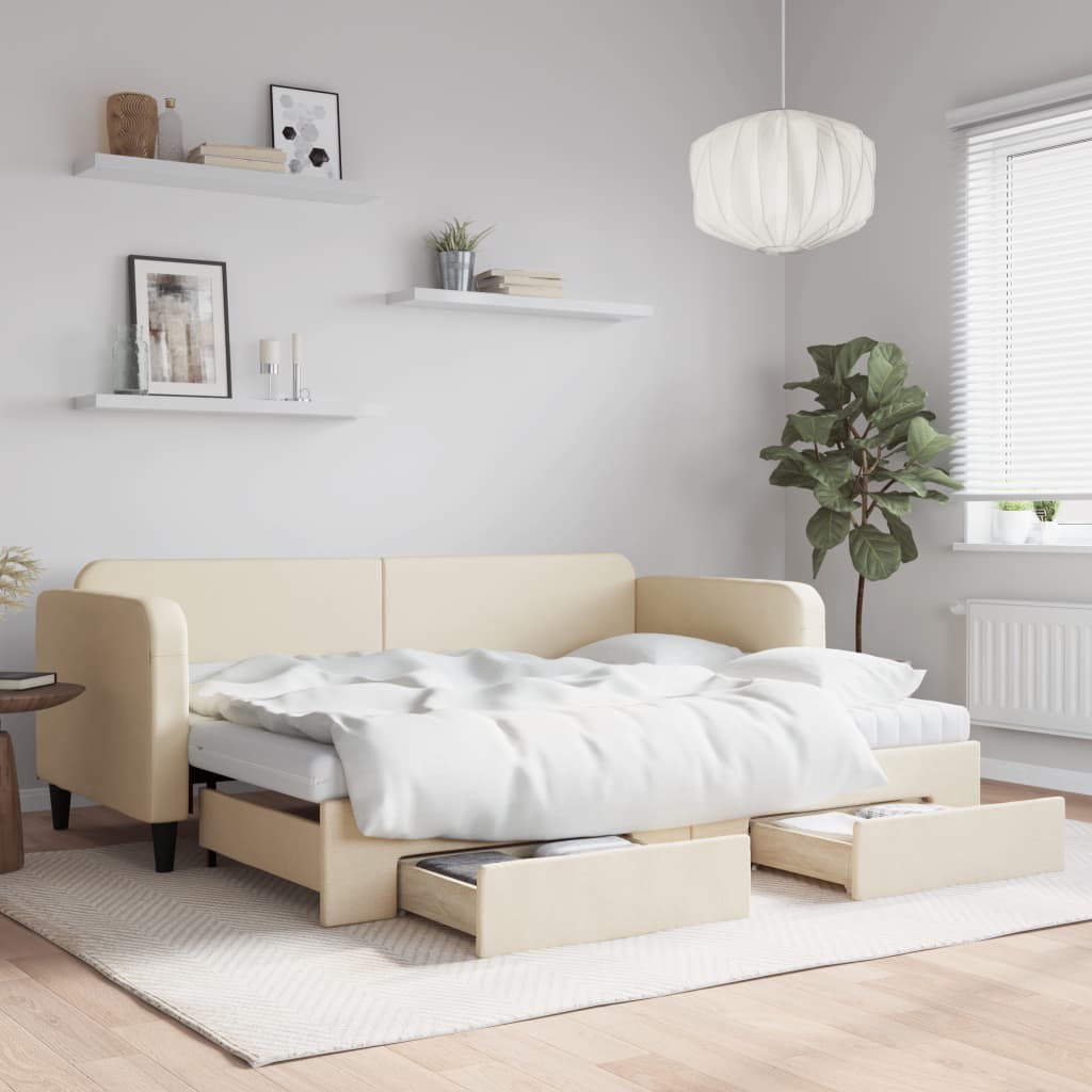 vidaXL Sofa rozsuwana z szufladami, kremowa, 80x200 cm, tkanina