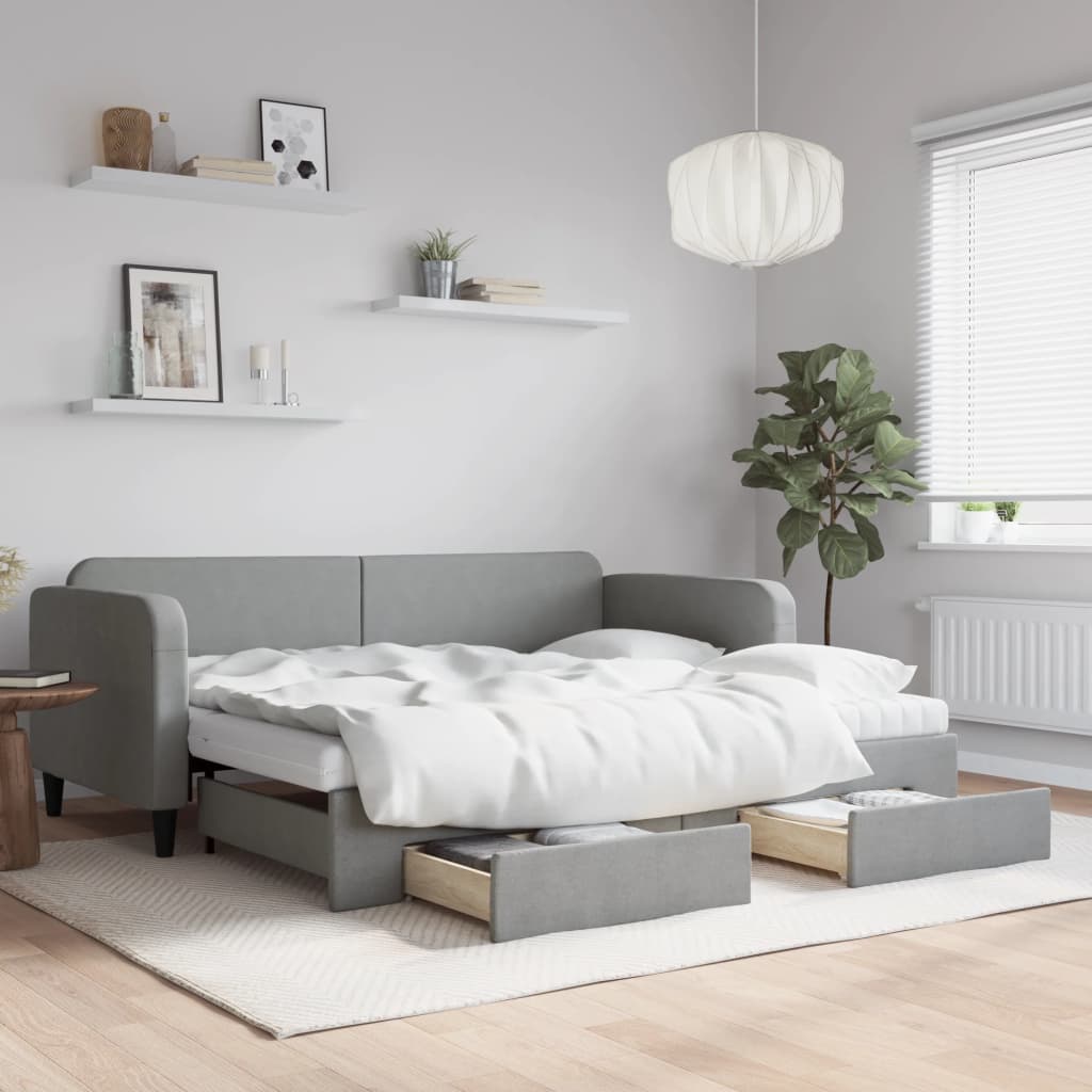 vidaXL Sofa rozsuwana z szufladami, jasnoszara, 90x200 cm, tkanina
