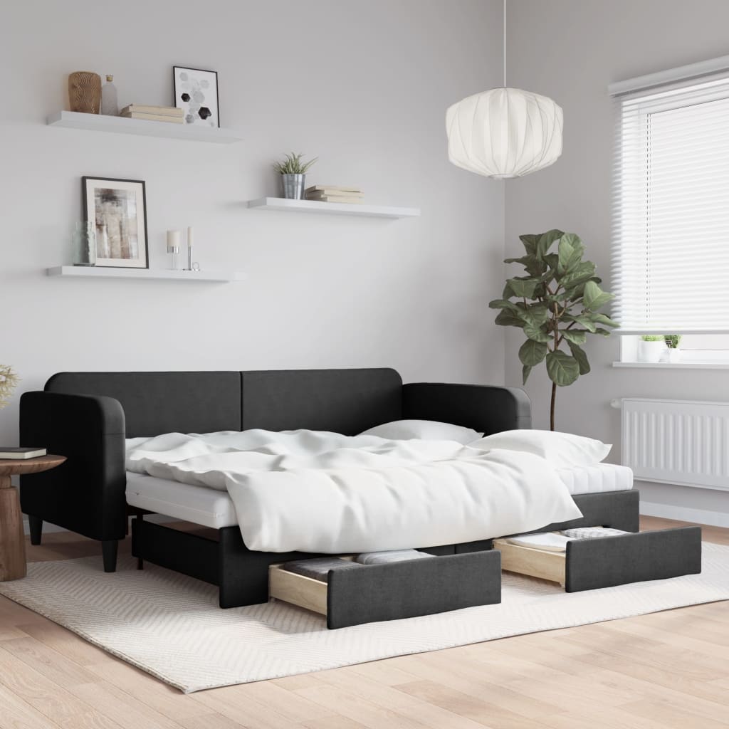 vidaXL Sofa rozsuwana z szufladami, czarna, 90x200 cm, tkanina