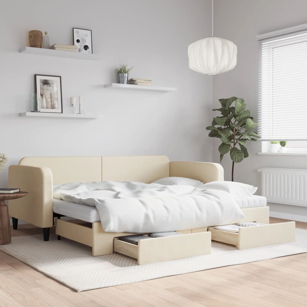 vidaXL Sofa rozsuwana z szufladami, kremowa, 90x200 cm, tkanina