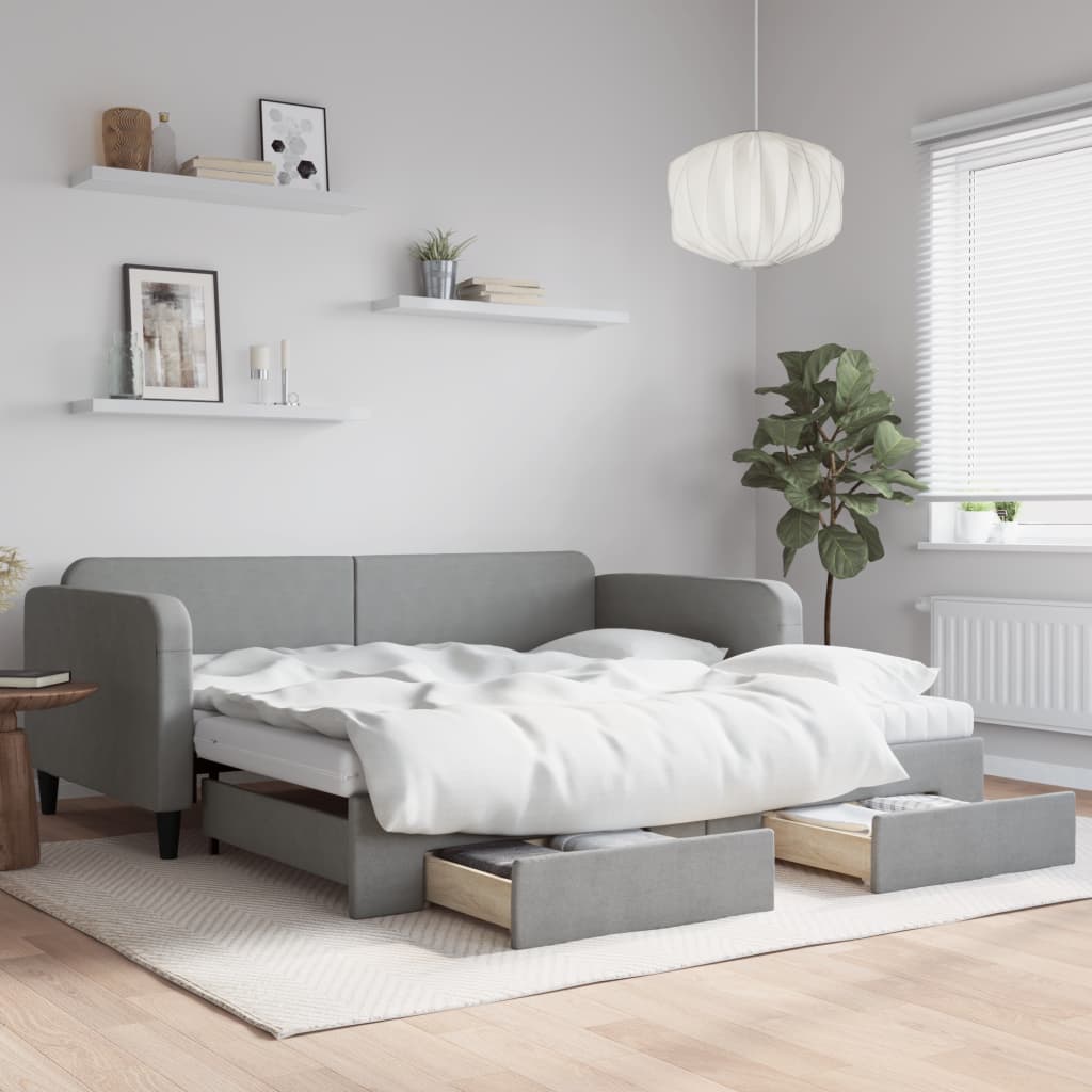 vidaXL Sofa rozsuwana z szufladami, jasnoszara, 100x200 cm, tkanina
