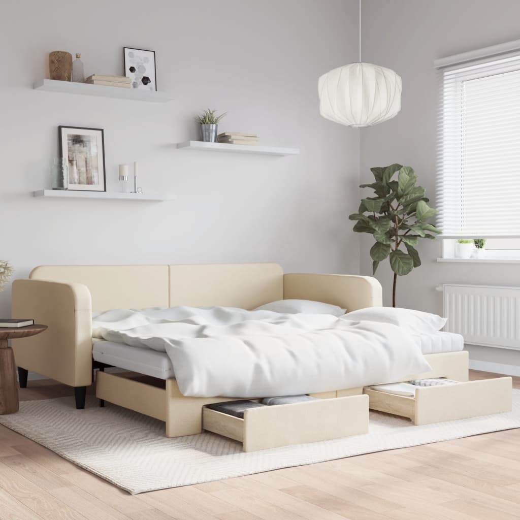 vidaXL Sofa rozsuwana z szufladami, kremowa, 100x200 cm, tkanina