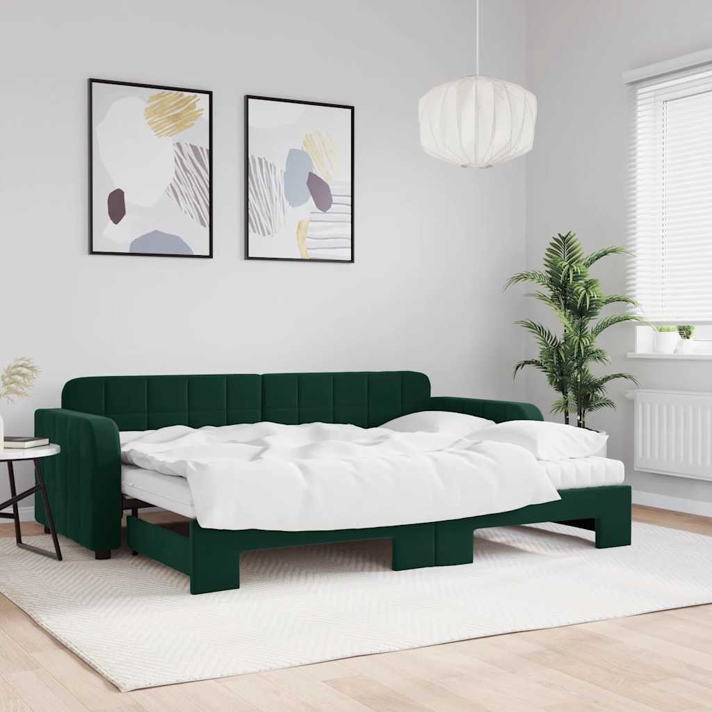 vidaXL Sofa rozsuwana z materacami, ciemnozielona, 80x200 cm, aksamit