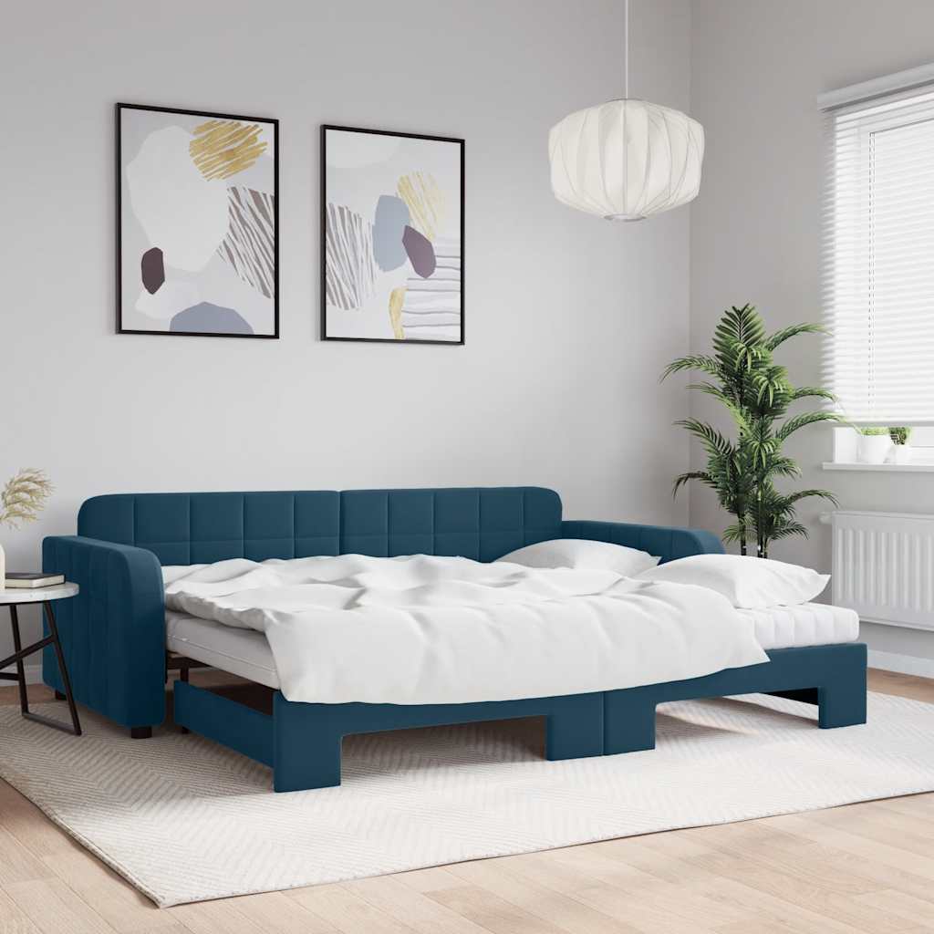 vidaXL Sofa rozsuwana z materacami, niebieska, 90x200 cm, aksamit