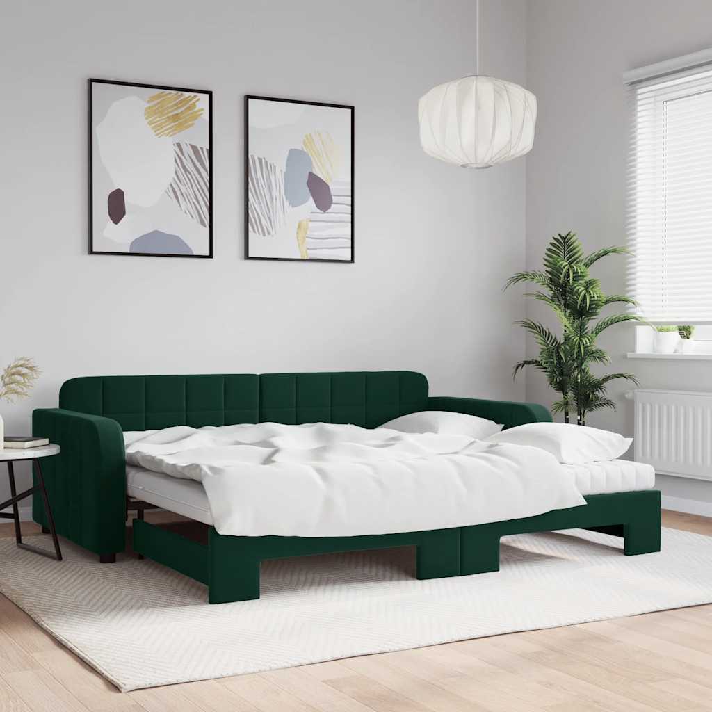 vidaXL Sofa rozsuwana z materacami, ciemnozielona, 90x200 cm, aksamit