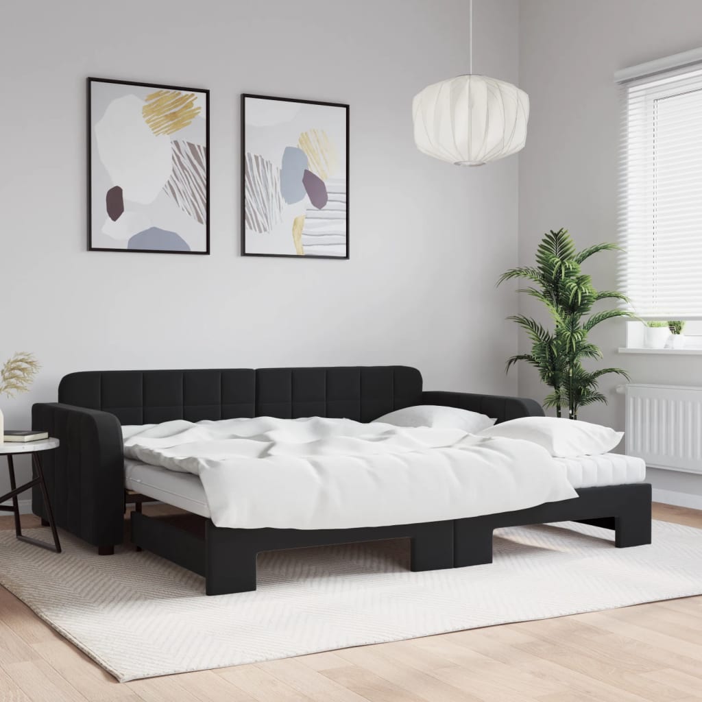 vidaXL Sofa rozsuwana z materacami, czarna, 90x200 cm, aksamit