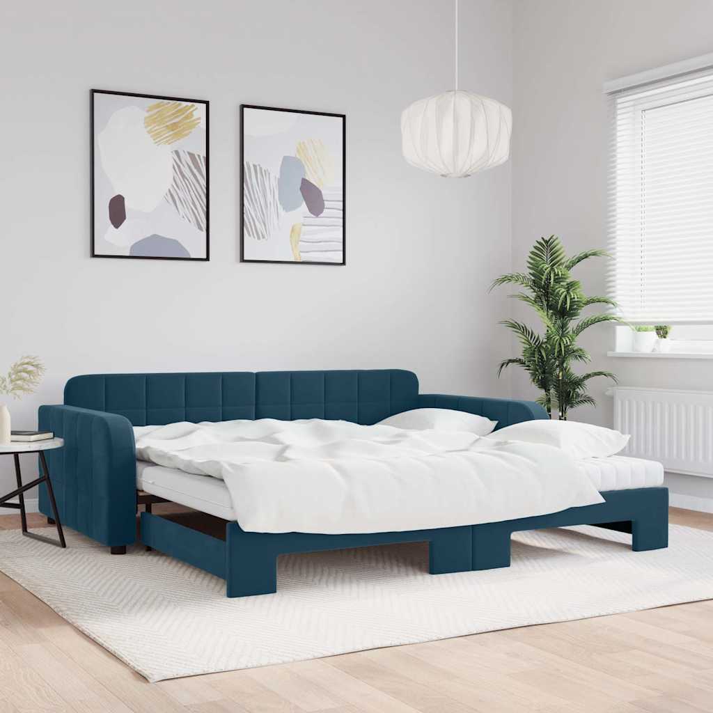 vidaXL Sofa rozsuwana z materacami, niebieska, 100x200 cm, aksamit