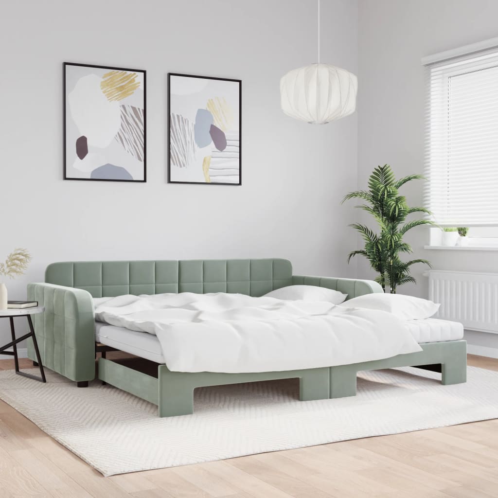 vidaXL Sofa rozsuwana z materacami, jasnoszara, 100x200 cm, aksamit