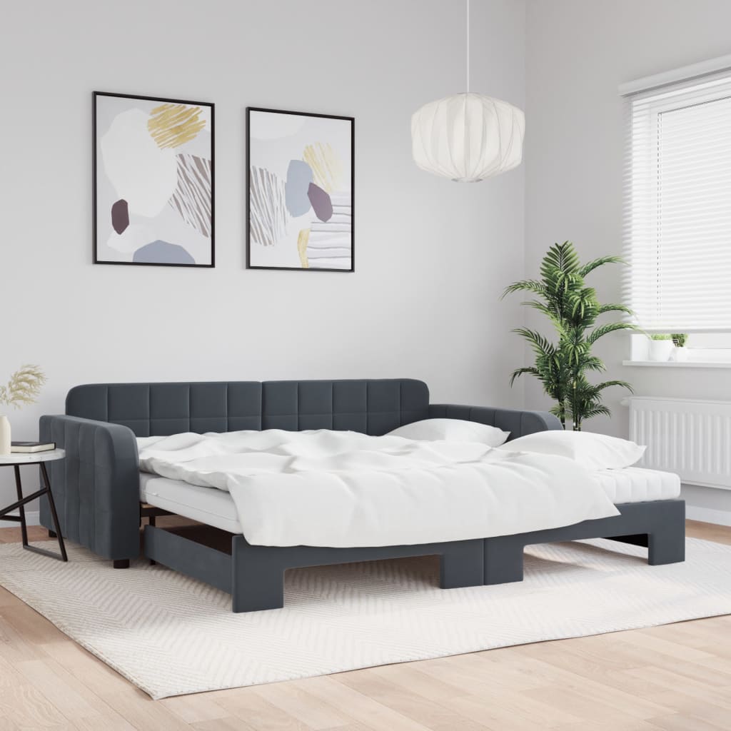 vidaXL Sofa rozsuwana z materacami, ciemnoszara, 100x200 cm, aksamit